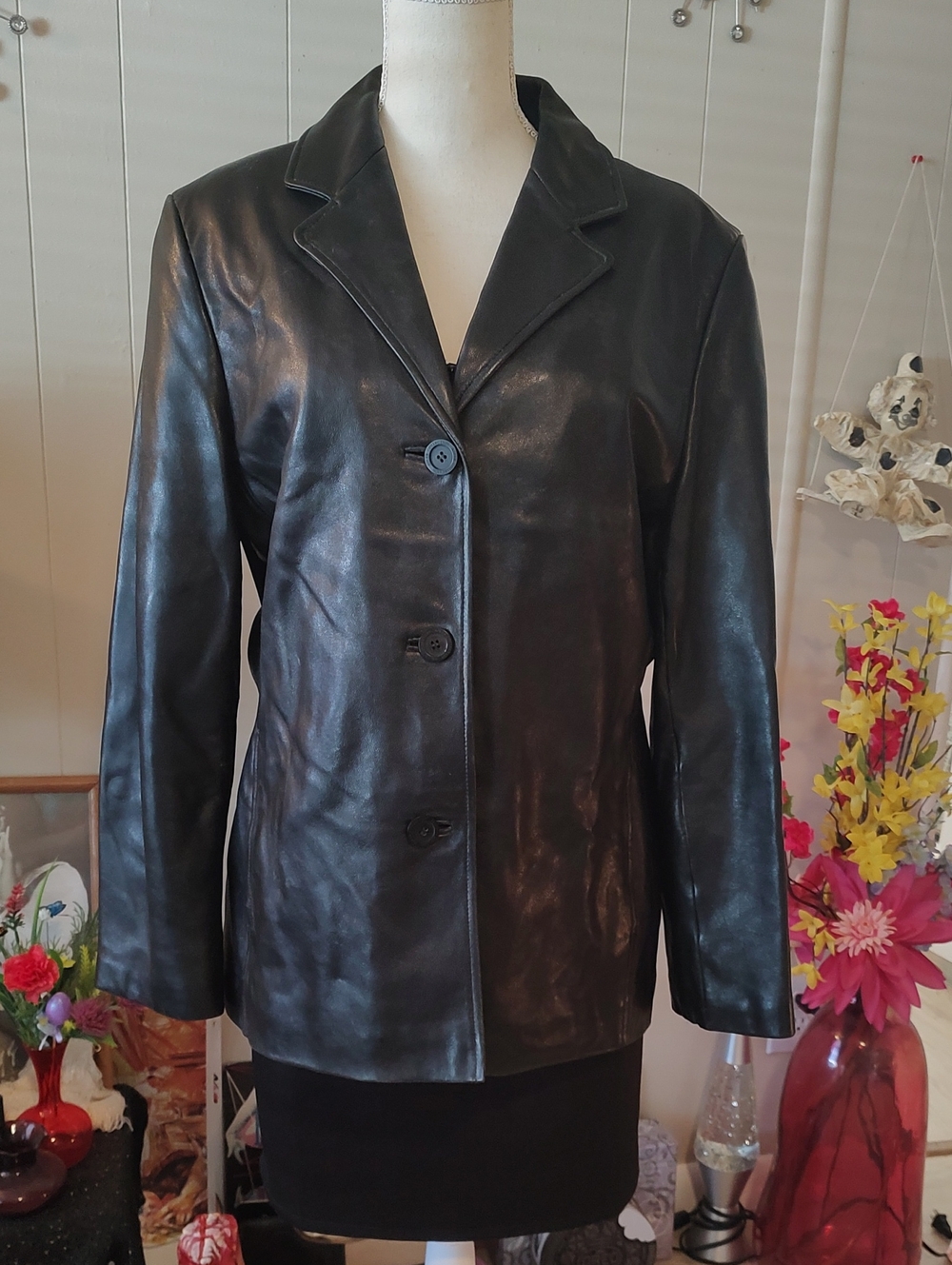 Classic Black Women's Leather Button Jacket Size Large